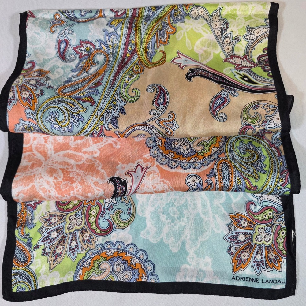 Adrienne Landau Paisley Multicolor Silk Scarf Womens 12"x26" Floral Border